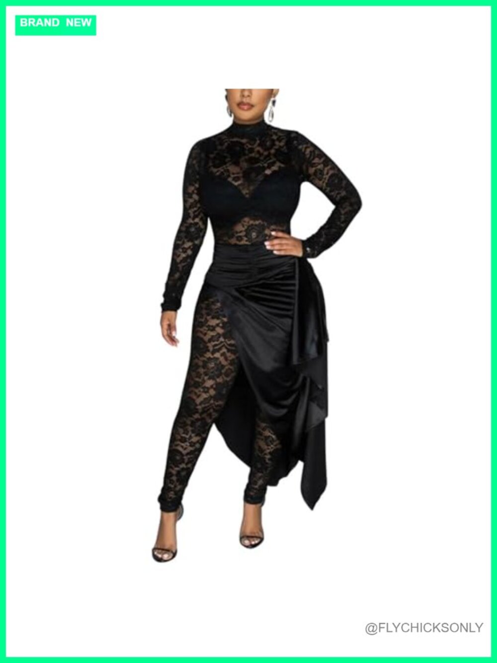 Lace See Through Jumpsuit Bodycon Sexy Club Long Sleeve High Split Midi